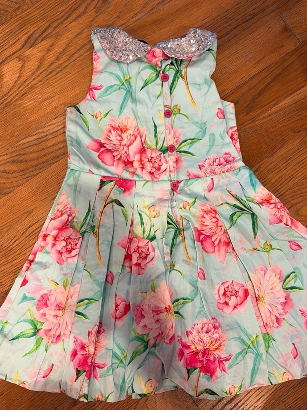Girls Mint Floral Party Dress with Sequin Collar